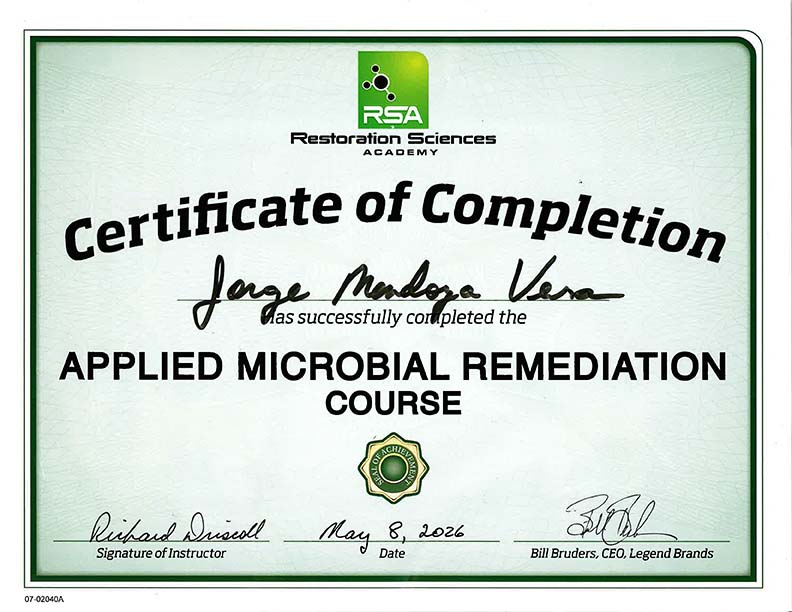 Jorge Vega Microbial Remediation Certification Bulovas Restoration